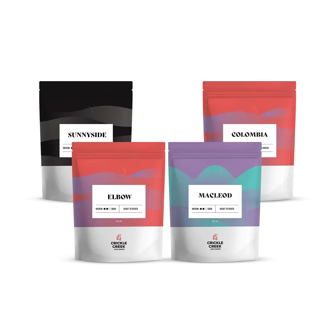 A bundle of four specialty coffees crafted for espresso lovers, featuring MacLeod with notes of spice, blackberries, caramel, and dark chocolate; Espresso Blend with rich chocolate, caramel, and nutty undertones; Sumatra with dark chocolate, syrup, and warm spices; and Colombia with caramel, cocoa, and berry flavours. Perfect for creating balanced, bold espresso shots.