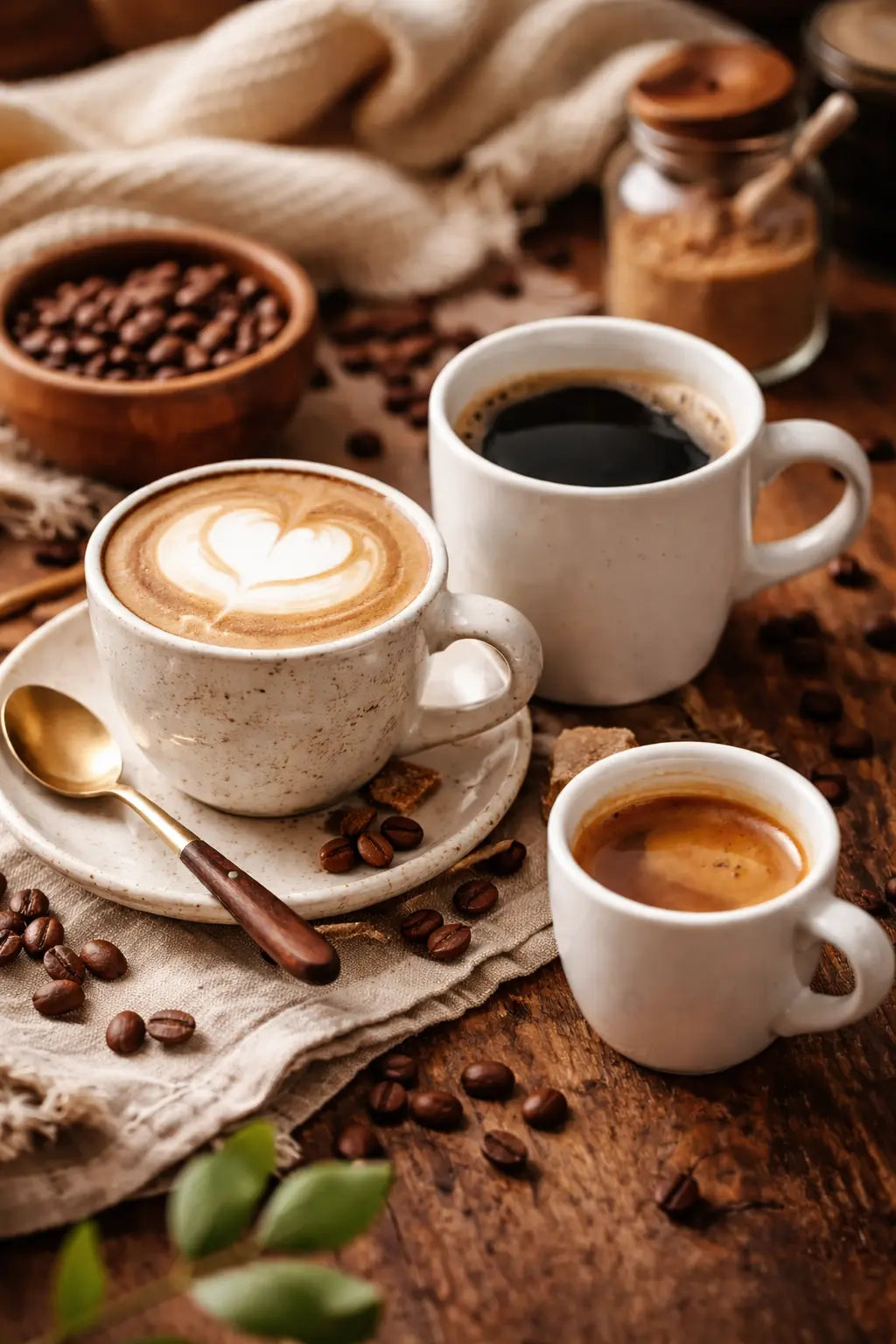 Cappuccino, black coffee, and espresso made with Crickle Creek specialty coffee beans on a table.