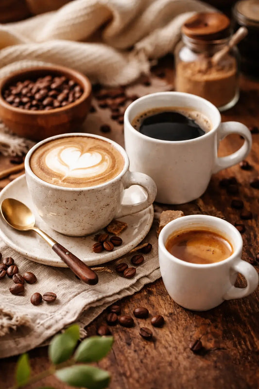 Cappuccino, black coffee, and espresso made with Crickle Creek specialty coffee beans on a table.
