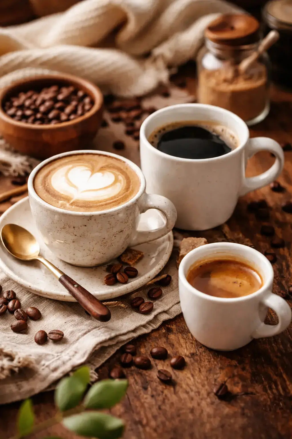Cappuccino, black coffee, and espresso made with Crickle Creek specialty coffee beans on a table.