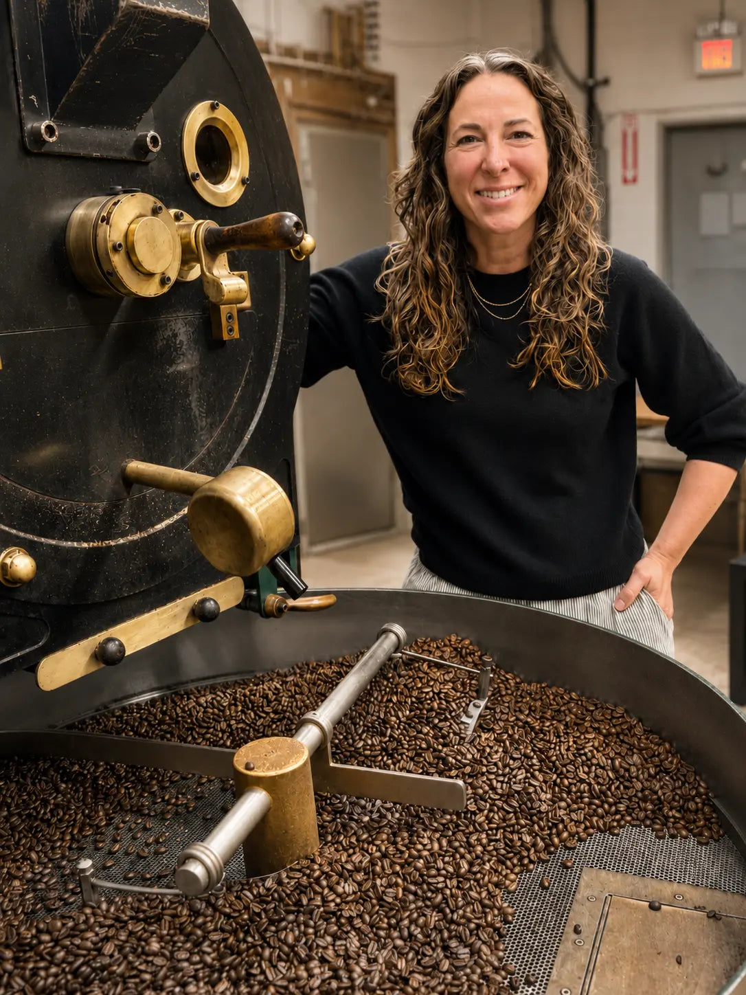 Adriana behind a coffee roaster with medium roasted specialty coffee beans