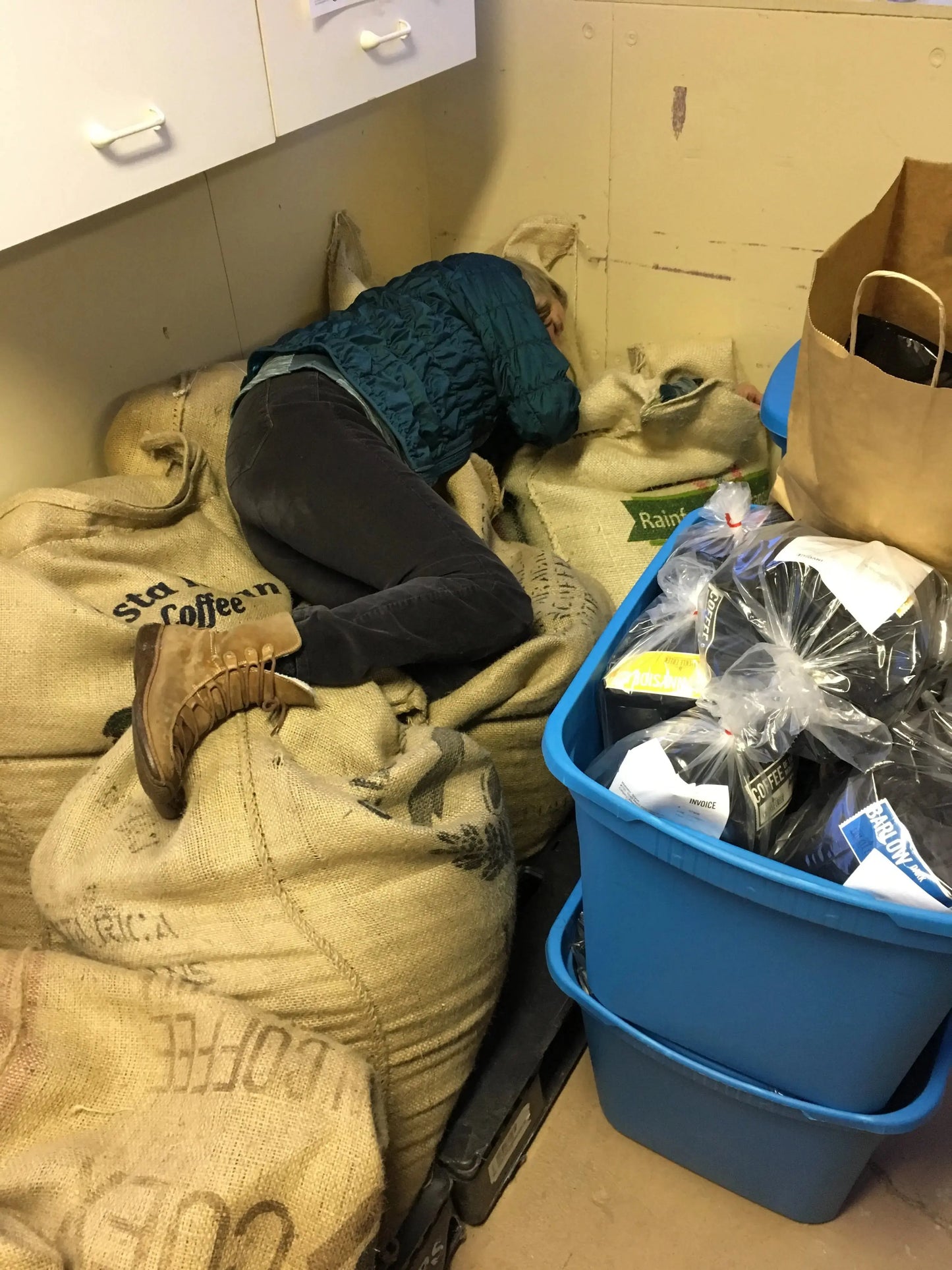 Image of Jute green beans coffee bags at Crickle Creek roastery when it was Priddis, AB