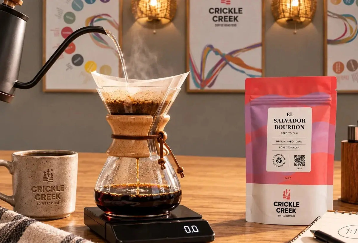 El Salvador coffee bags in Crickle Creek Coffee cupping lab. 