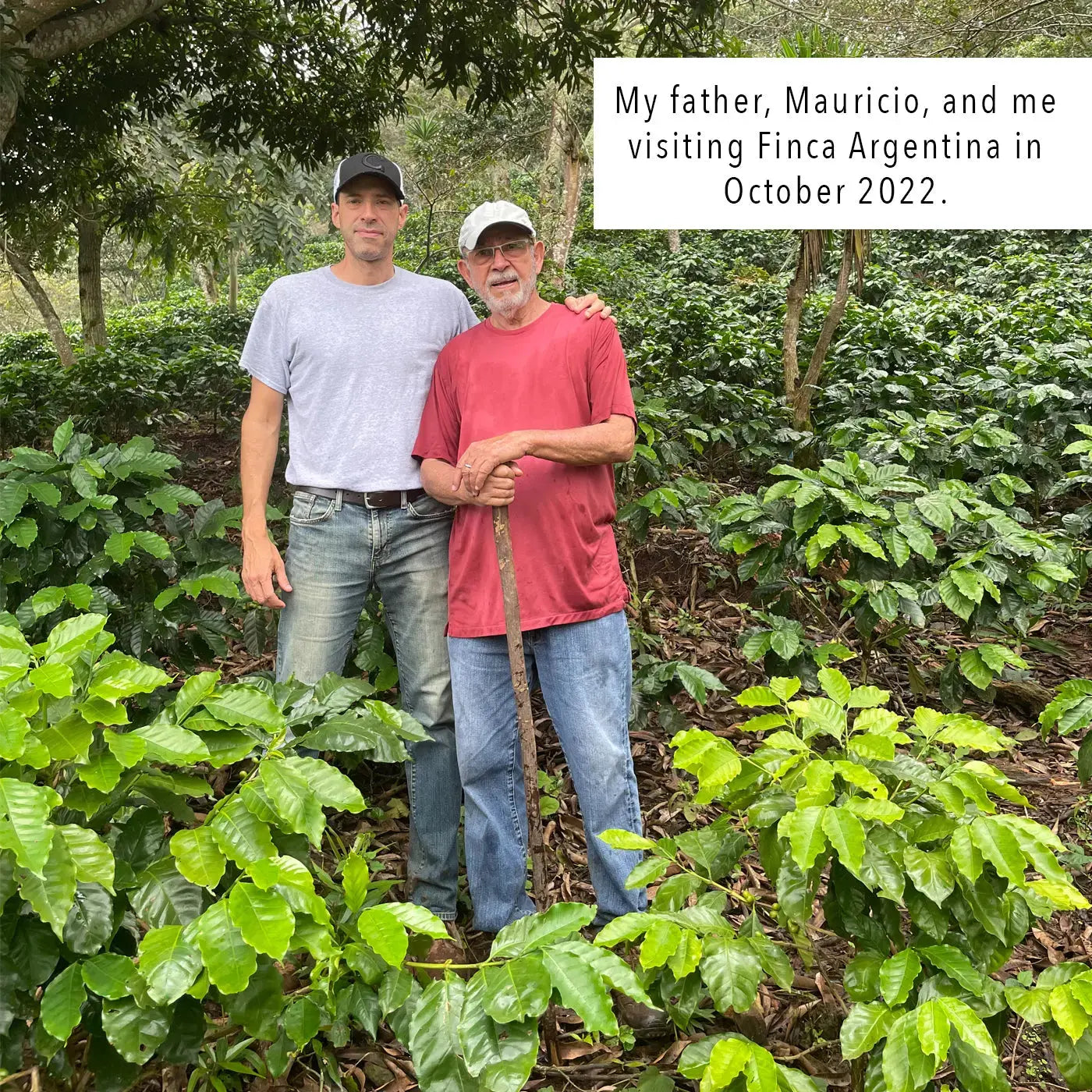 Image of Alejandro and Mauricio. Dad and son, at the family estate coffee farm in El Salvador.