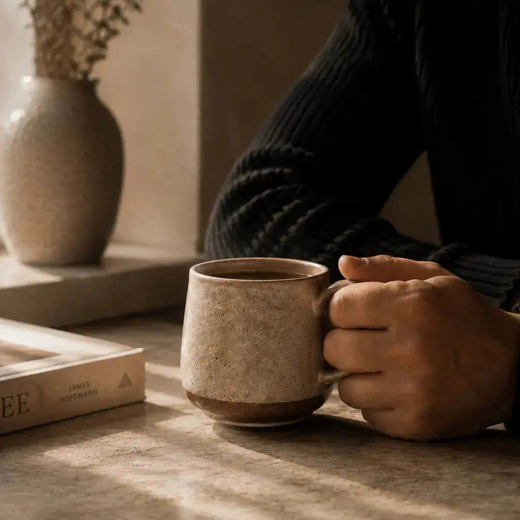 Close up of man holding a handmade cup of specialty brewed coffee from Crickle Creek Coffee Roasters in Canada.