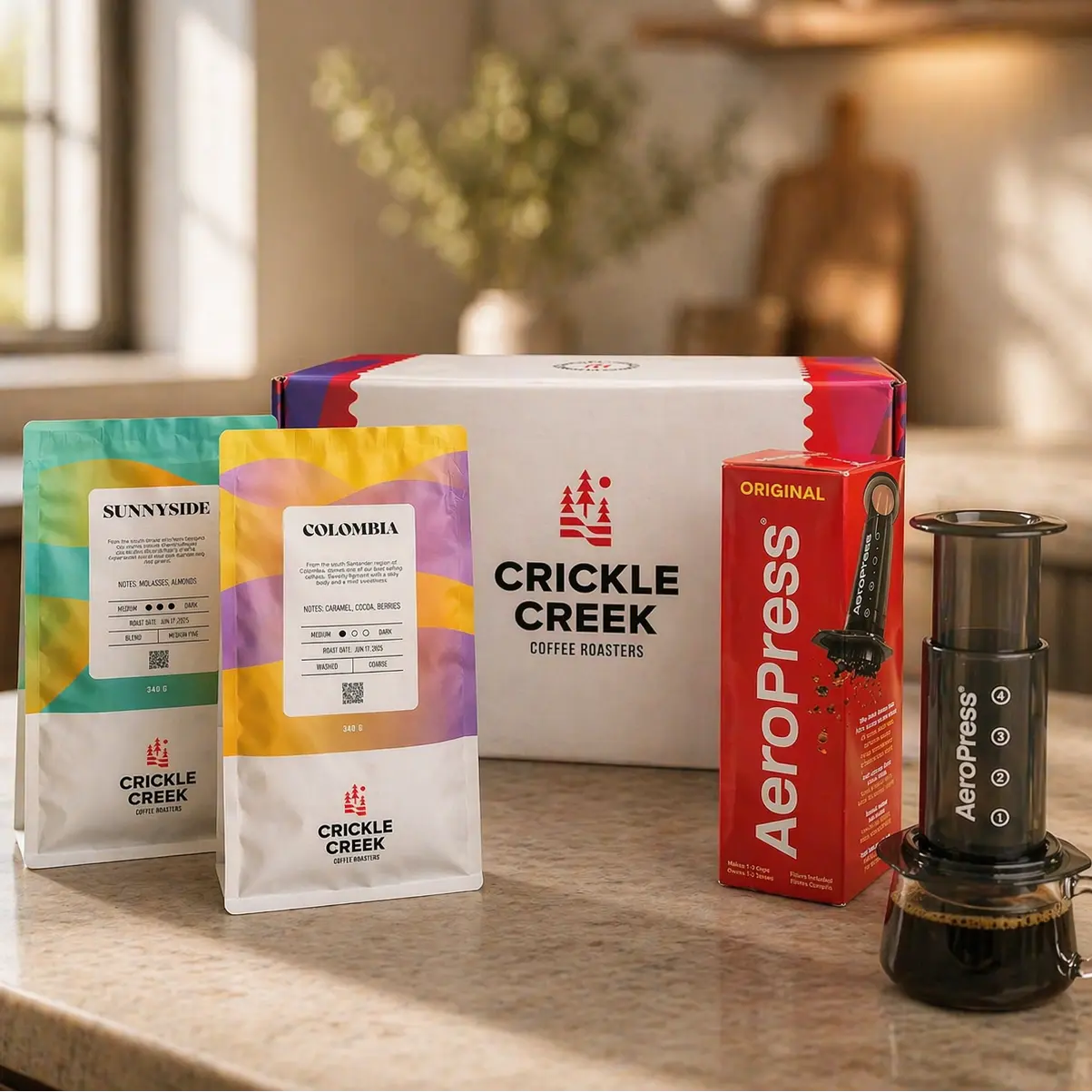 Crickle Creek coffee packages, specialty coffee bags and Aeropress on a kitchen counter