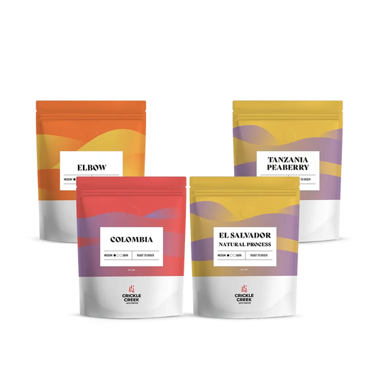 A bundle of four medium roast coffees ideal for filter brewing. Includes Colombia with caramel, cocoa, and berry notes; El Salvador Pacamara featuring strawberry, pineapple, and dark chocolate; Tanzania with creamy milk chocolate and almond butter flavors; and Guatemala with caramel, stone fruit, and almond notes. Perfect for pour-over, drip brewing, and filter coffee enthusiasts.