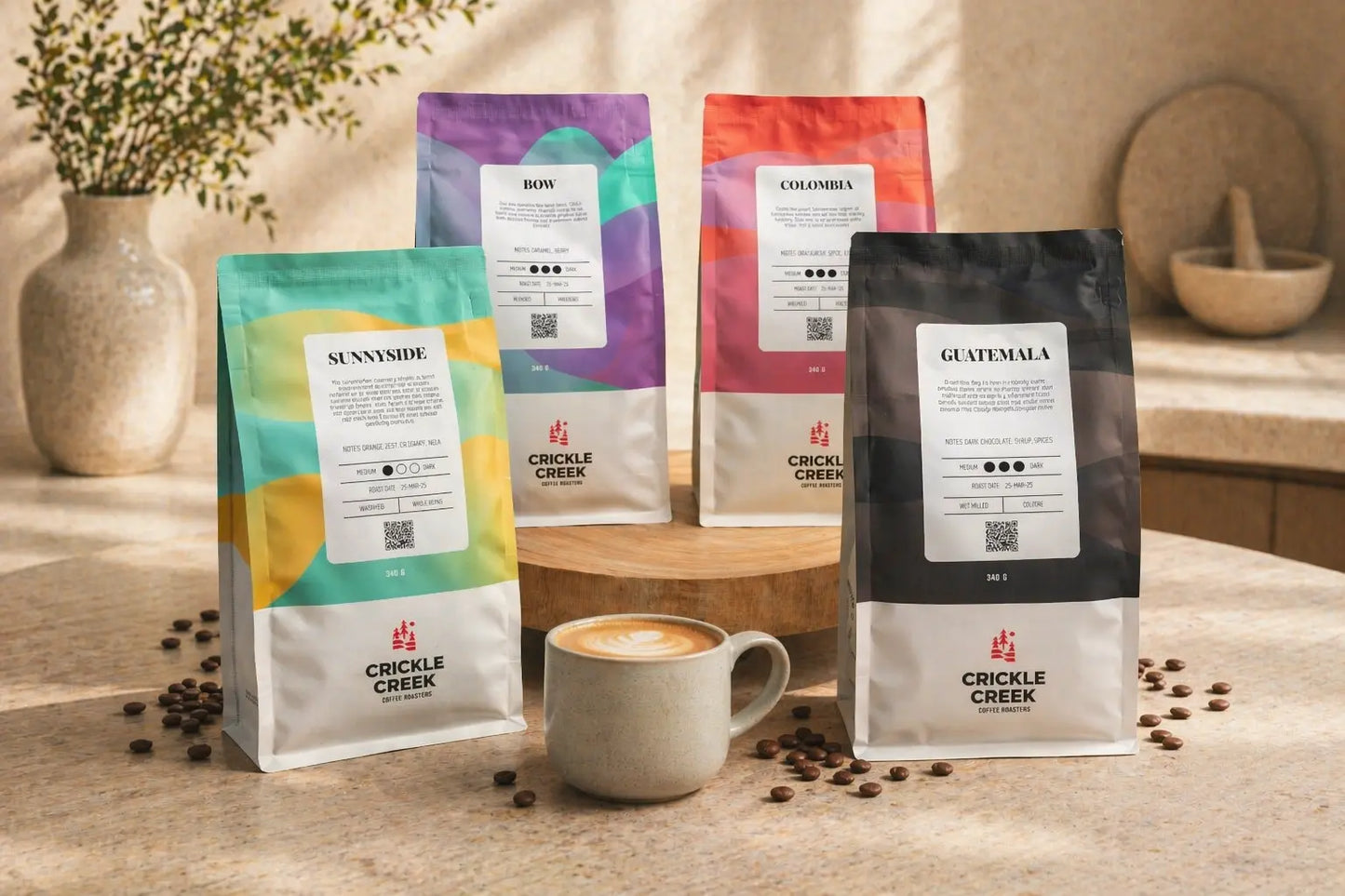 Crickle Creek coffee bags with a mug of coffee on a wooden surface, special bundle for coffee cappucinos and lattes.