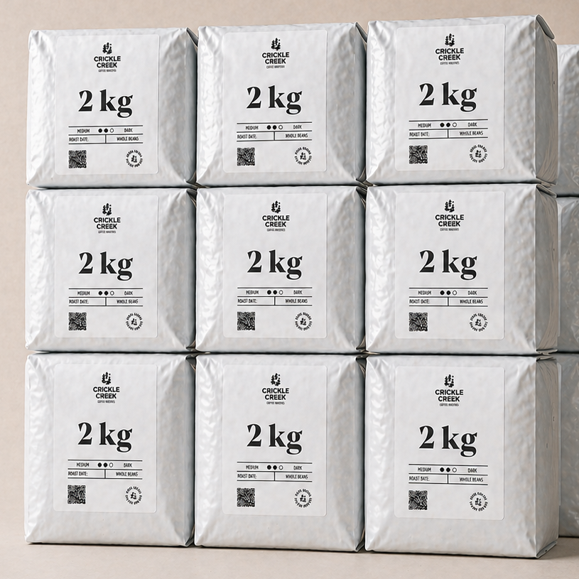 2kg bags for Wholesale, Specialty coffee from Crickle Creek Coffee Roaster in Calgary with a neutral background.