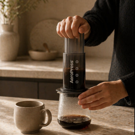 Person using an AeroPress coffee maker with the best medium roast coffee beans in canada on a wooden table with a mug nearby.