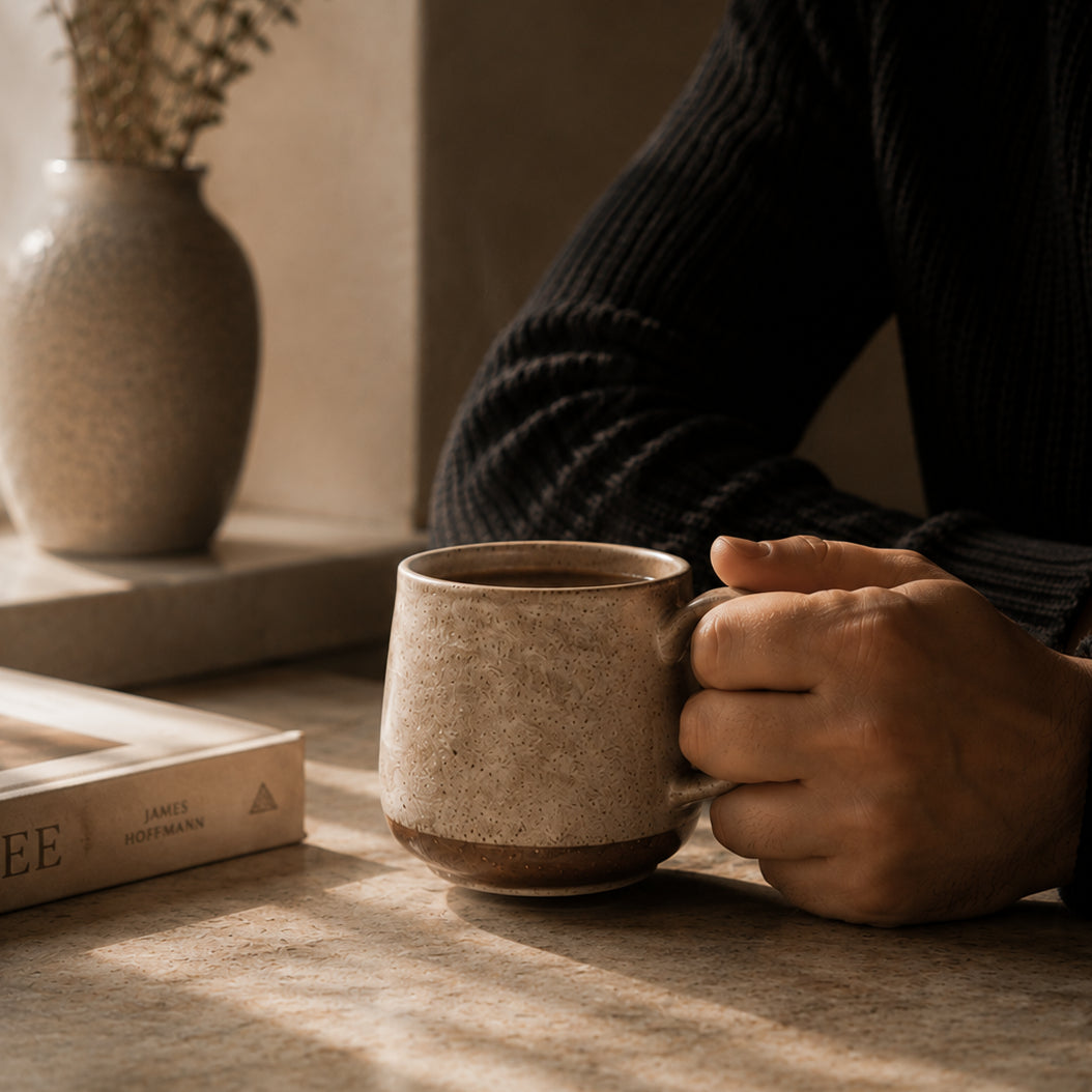Person holding a ceramic mug with the best Decaf coffee in Canada, on a wooden table with a vase and book in the background