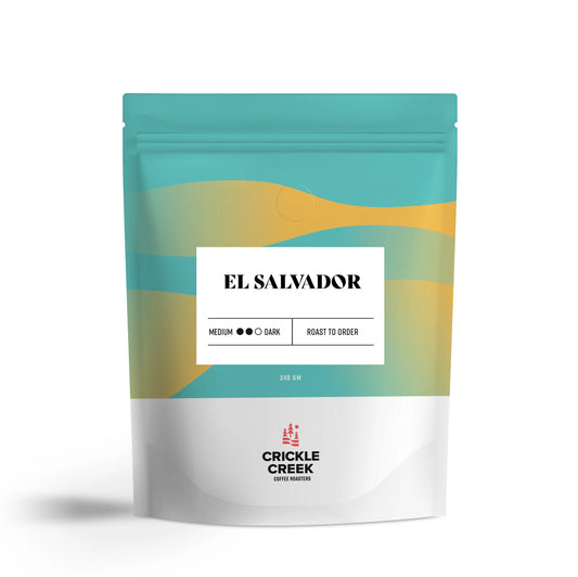 Specialty Coffee package labeled 'El Salvador' by Crickle Creek Coffee on a white background