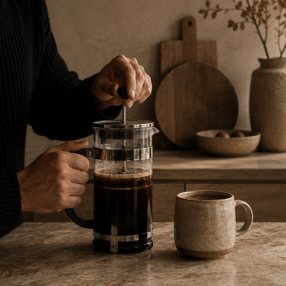 Person making coffee using a French press on a wooden table with a rustic background.