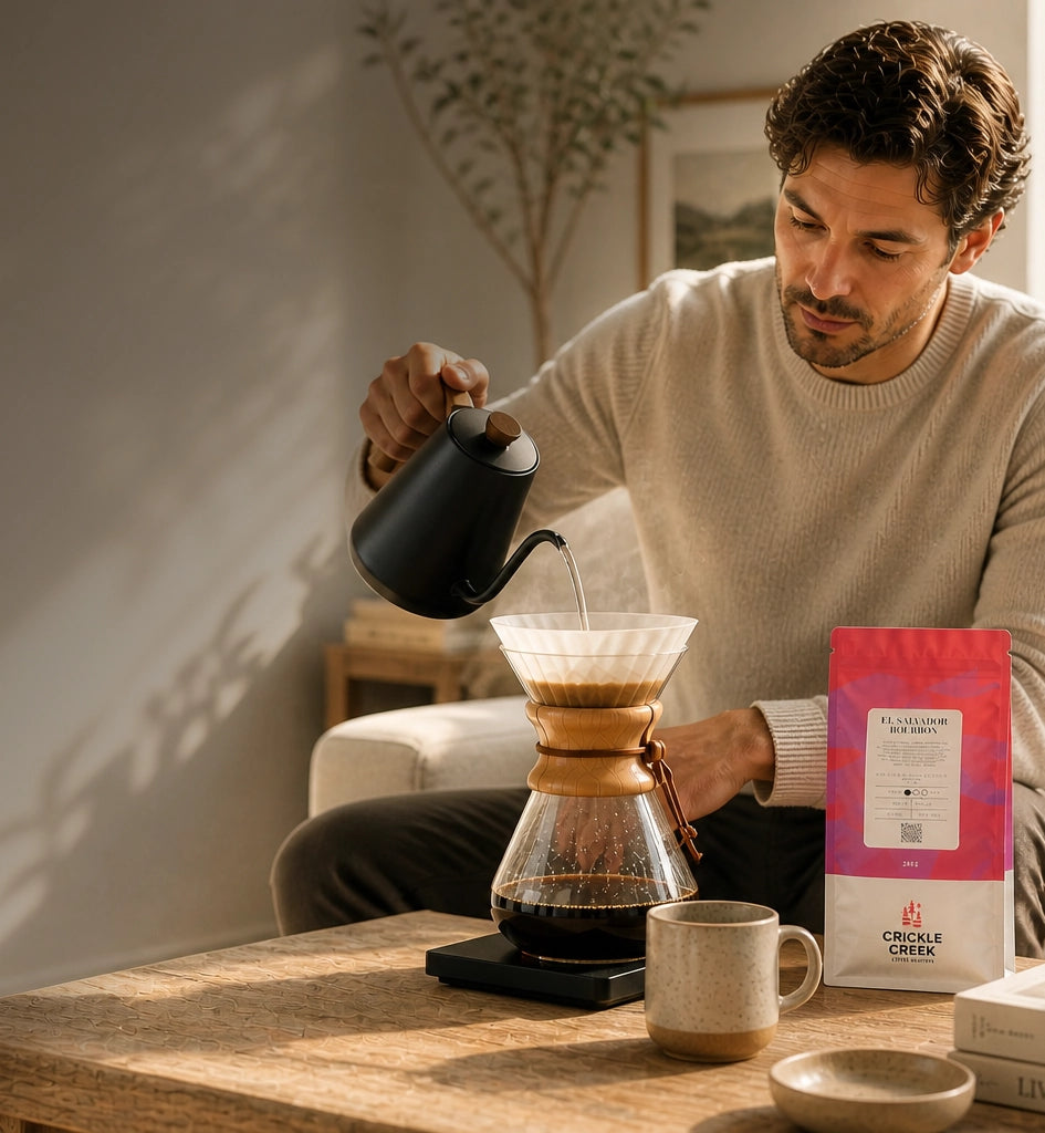 Man pouring coffee from a black kettle into a Chemex glass coffee maker on a wooden table and a Crickle Creek Coffee bag on the side.