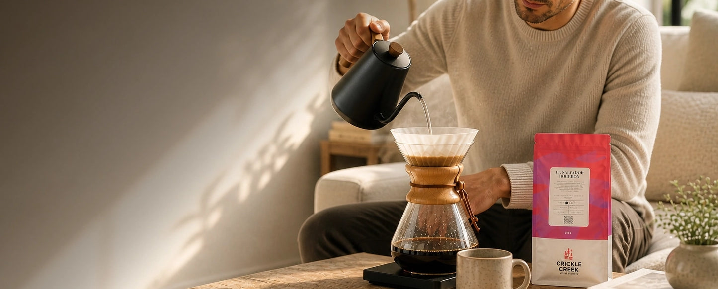 Person pouring coffee from a Chemex coffee maker with a bag of crickle creek coffee in the background.