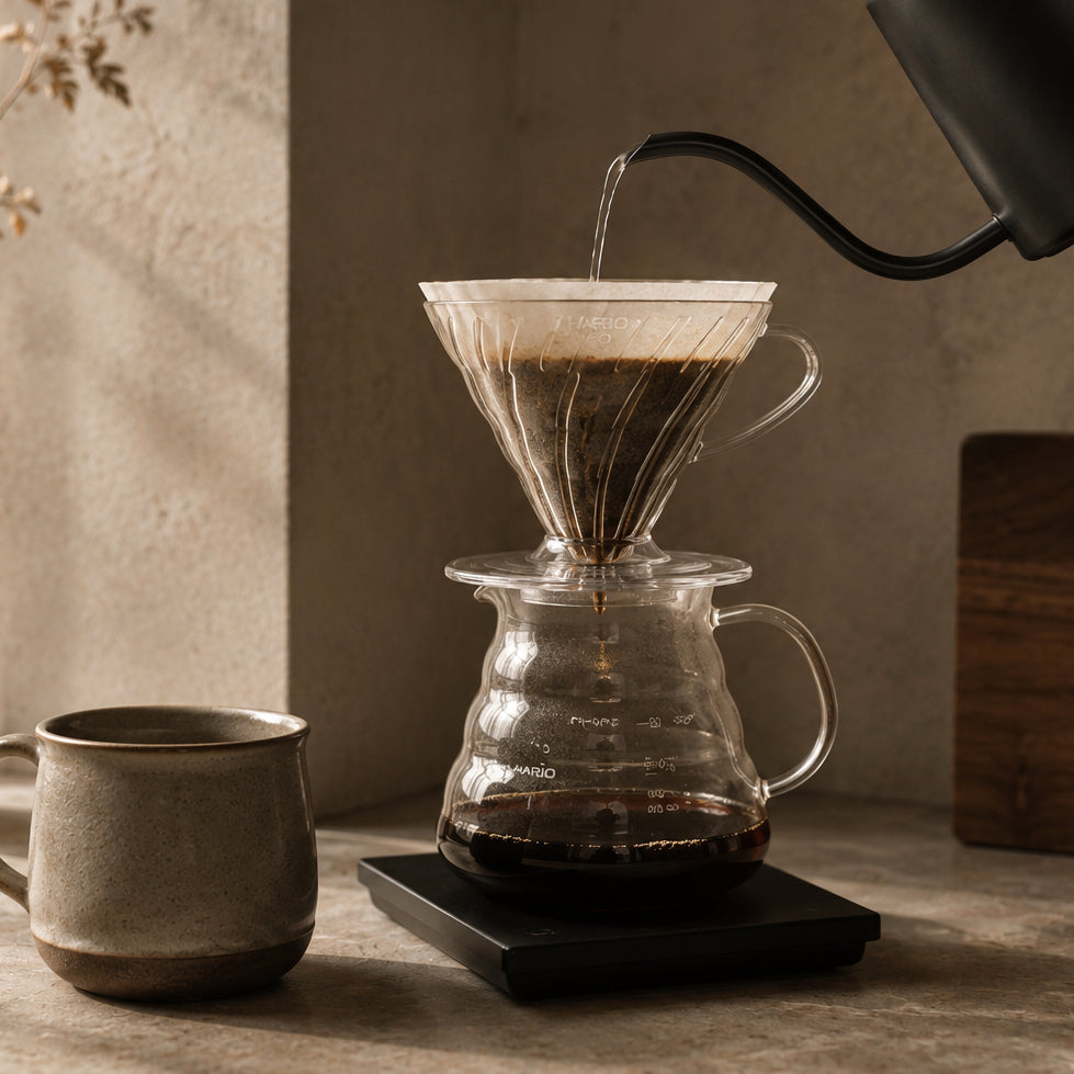 Coffee being poured into a HARIO V60 with a ceramic mug on a wooden surface.