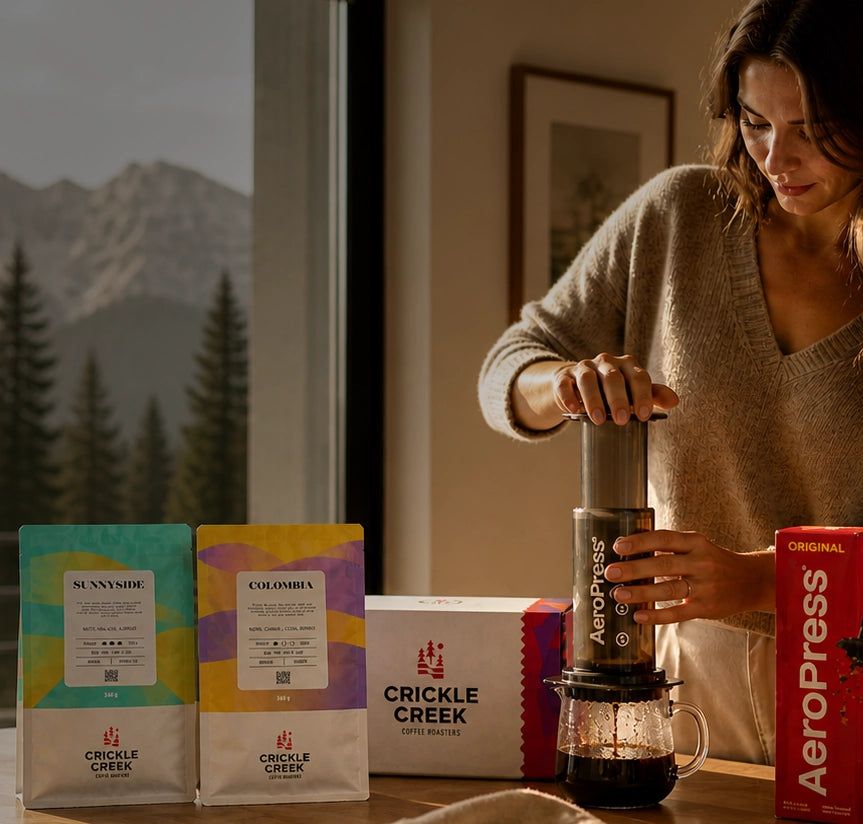 Woman brewing specialty coffee from Crickle Creek coffee with an aeropress in Alberta, Canada
