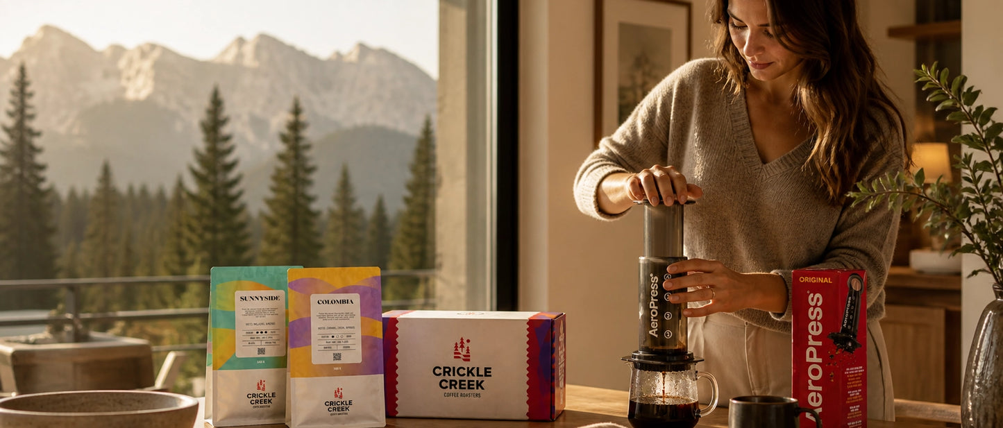 Woman making coffee with aeropress at home with Crickle Creek coffee roasters coffee beans. 